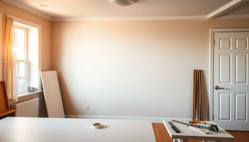 A spacious, well-lit home studio with an expansive work surface. On the wall, carefully prepared for a DIY wall decal, a smooth, clean, and pristine surface awaits. Nearby, an array of painter's supplies - painter's tape, measuring tools, and a squeegee - neatly organized on a side table. Warm, natural lighting floods the room, casting a cozy, inviting ambiance. The atmosphere exudes a sense of focused creativity, where the process of preparing the wall for a unique, personalized wall decor is the primary focus.