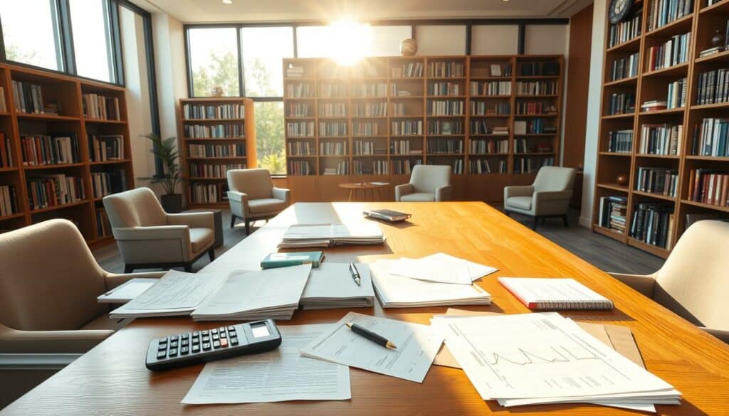 A spacious, well-lit office interior with a large wooden desk and comfortable chairs. On the desk, various financial documents, a laptop, and a calculator are neatly arranged, conveying a sense of transparency and attention to detail. Sunlight streams in through large windows, casting a warm glow on the scene. In the background, bookcases filled with business and coaching-related books suggest an environment of expertise and professionalism. The overall atmosphere is one of trust, clarity, and a commitment to open financial communication between a coach and their client.