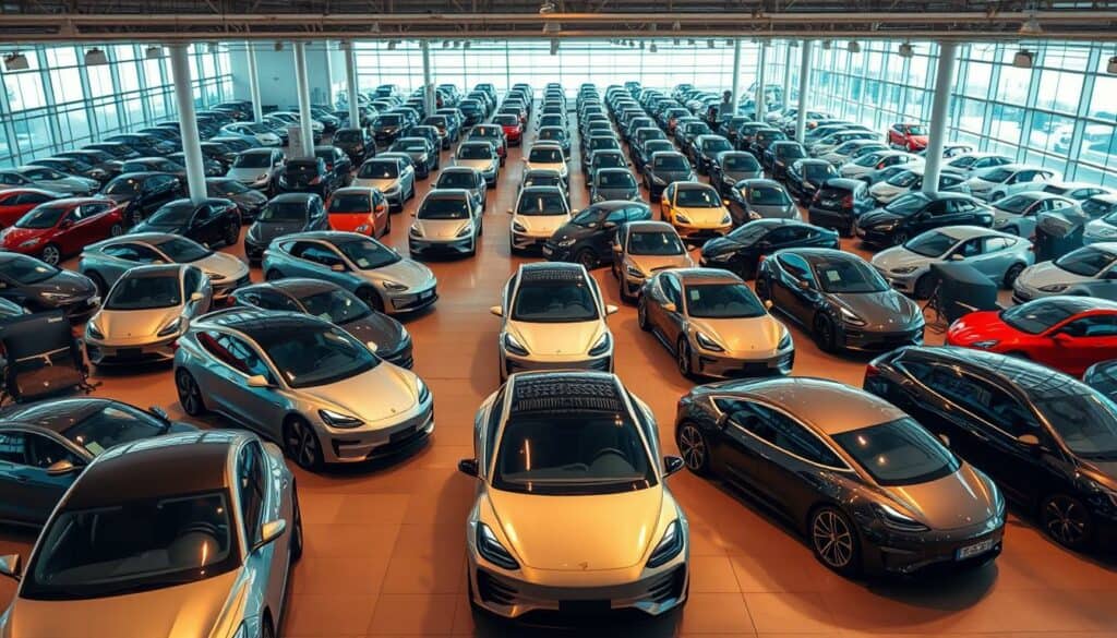 A sprawling automotive showroom with a range of electric vehicles neatly arranged, showcasing their diverse models and price points. The foreground features a selection of mid-range and budget-friendly e-cars, their sleek, modern designs gleaming under warm, directional lighting. In the middle ground, a mix of premium and luxury e-sedans and SUVs stand out, their bold, innovative styling and advanced features hinting at their higher price tags. The background is filled with a variety of smaller, city-friendly e-hatchbacks and compacts, creating a comprehensive visual representation of the "Preisliche Aspekte: Von günstig bis Premium" landscape. The overall atmosphere conveys a sense of choice, innovation, and the growing accessibility of electric vehicles across the price spectrum.