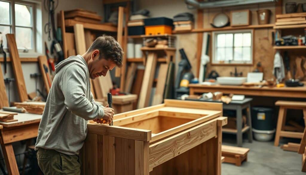 A step-by-step construction of a custom bathroom vanity in a realistic, high-resolution 4K photographic style. The foreground shows a skilled craftsperson carefully assembling the wooden components, using hand tools with precision. The middle ground reveals the partially completed vanity, showcasing the clean lines and attention to detail. The background offers a cozy, well-lit workshop environment, with various tools and materials neatly organized, conveying a sense of focus and craftsmanship. The overall mood is one of concentration, dedication, and the satisfaction of creating a unique, space-saving piece of furniture. A step-by-step construction of a custom bathroom vanity in a realistic, high-resolution 4K photographic style. The foreground shows a skilled craftsperson carefully assembling the wooden components, using hand tools with precision. The middle ground reveals the partially completed vanity, showcasing the clean lines and attention to detail. The background offers a cozy, well-lit workshop environment, with various tools and materials neatly organized, conveying a sense of focus and craftsmanship. The overall mood is one of concentration, dedication, and the satisfaction of creating a unique, space-saving piece of furniture.