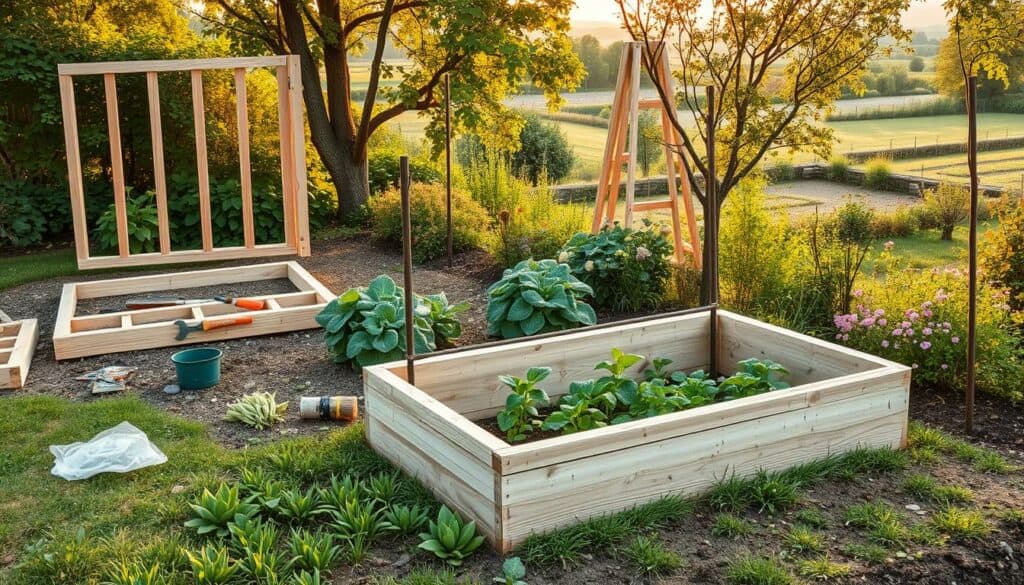 A step-by-step construction process of a raised garden bed (Hochbeet) in a lush, naturalistic outdoor setting. The foreground depicts the assembly of the wooden frame, with tools and materials neatly arranged. The middle ground showcases the placement of the bed, nestled among vibrant greenery and flowering plants. The background features a serene landscape, perhaps a garden or a countryside scene, bathed in warm, golden-hour lighting. The overall composition conveys a sense of harmony, practicality, and a connection to nature, reflecting the subject of building a sustainable, homemade raised garden bed. A step-by-step construction process of a raised garden bed (Hochbeet) in a lush, naturalistic outdoor setting. The foreground depicts the assembly of the wooden frame, with tools and materials neatly arranged. The middle ground showcases the placement of the bed, nestled among vibrant greenery and flowering plants. The background features a serene landscape, perhaps a garden or a countryside scene, bathed in warm, golden-hour lighting. The overall composition conveys a sense of harmony, practicality, and a connection to nature, reflecting the subject of building a sustainable, homemade raised garden bed.