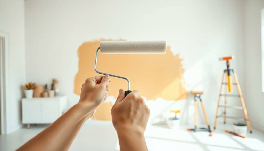 A step-by-step guide to painting a wall, showcased in a bright, airy studio setting. In the foreground, a person's hands carefully apply paint with a roller, creating smooth, even strokes. Behind them, the partially painted wall reveals the transformation from bare to freshly coated, the paint glistening under warm, natural lighting. In the background, an array of painting tools and supplies are neatly organized, conveying a sense of professionalism and attention to detail. The overall scene radiates a calm, instructional mood, inviting the viewer to envision themselves undertaking this satisfying home improvement task.