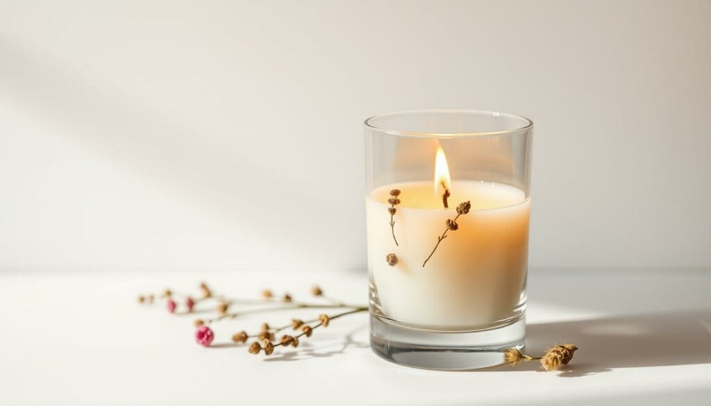 A still life of an artisanal "duftkerze" (fragrance candle) in a clear glass vessel, set against a minimalist background. The candle's flame casts a warm, golden glow, illuminating the delicate blend of aromatic oils and botanicals suspended within the wax. Soft shadows highlight the candle's elegant silhouette and the refined textures of the container. The overall composition conveys a serene, spa-like ambiance, inviting the viewer to imagine the calming fragrance and soothing experience of this personalized, handcrafted creation.
