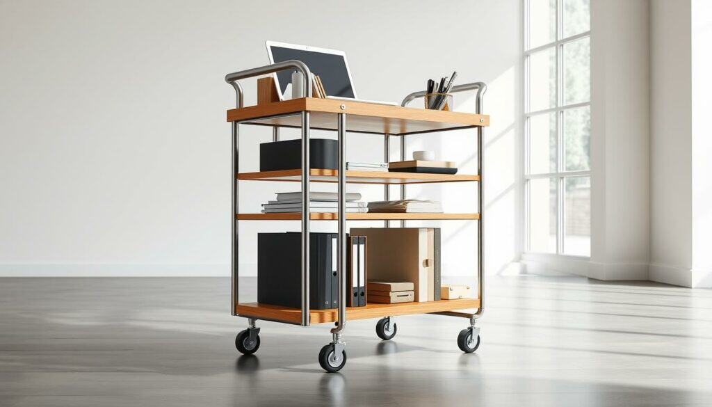 A stylish and functional office rolling cart, crafted with clean lines and modern materials. Captured in a bright, airy studio setting with soft, diffused natural lighting filtering in from large windows. The cart features sleek metal frames, smooth wooden shelves, and minimalist design accents. It stands ready to hold an array of office supplies, documents, and devices, providing organized storage and mobility. The scene conveys a sense of streamlined efficiency and professional elegance, reflecting the versatility of this practical DIY furniture piece. A stylish and functional office rolling cart, crafted with clean lines and modern materials. Captured in a bright, airy studio setting with soft, diffused natural lighting filtering in from large windows. The cart features sleek metal frames, smooth wooden shelves, and minimalist design accents. It stands ready to hold an array of office supplies, documents, and devices, providing organized storage and mobility. The scene conveys a sense of streamlined efficiency and professional elegance, reflecting the versatility of this practical DIY furniture piece.