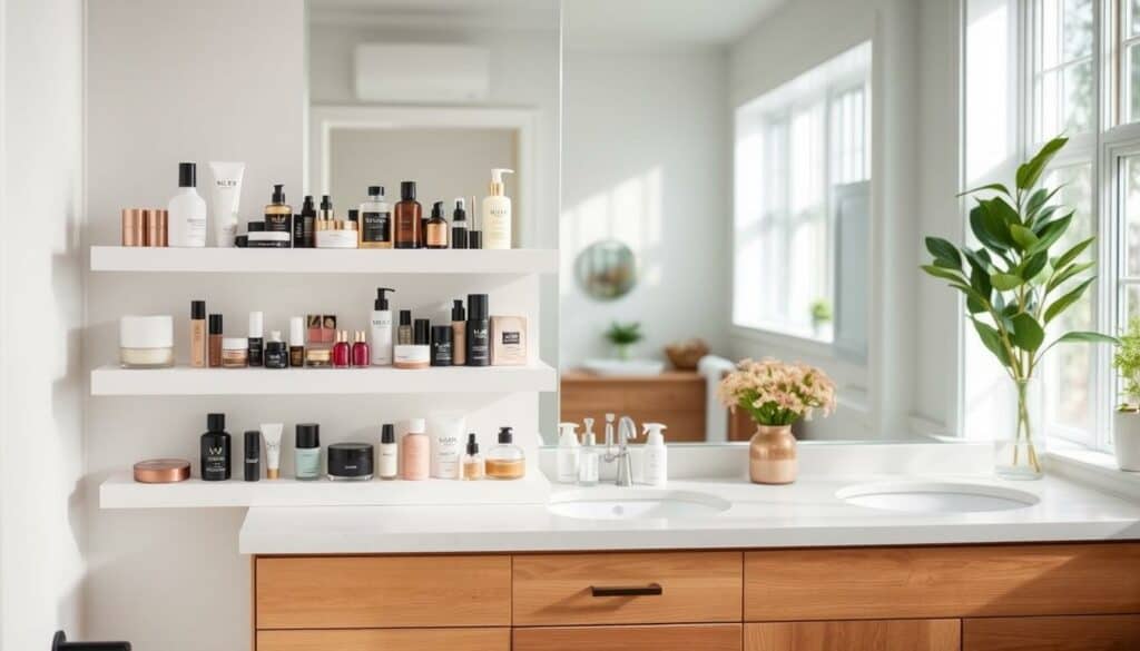 A stylish and practical DIY cosmetic storage solution for a tidy bathroom. In the foreground, a set of pristine white floating shelves holds an assortment of neatly organized makeup and skincare products, their colors and textures adding visual interest. The middle ground features a wooden vanity with clean lines and minimalist hardware, providing ample storage space below. The background showcases a bright, airy bathroom with natural light filtering in through large windows, creating a serene and spa-like atmosphere. The overall scene exudes a sense of order, calm, and refined personal style. A stylish and practical DIY cosmetic storage solution for a tidy bathroom. In the foreground, a set of pristine white floating shelves holds an assortment of neatly organized makeup and skincare products, their colors and textures adding visual interest. The middle ground features a wooden vanity with clean lines and minimalist hardware, providing ample storage space below. The background showcases a bright, airy bathroom with natural light filtering in through large windows, creating a serene and spa-like atmosphere. The overall scene exudes a sense of order, calm, and refined personal style.