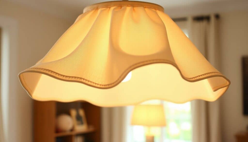 A stylish fabric lampshade adorns a cozy, well-lit living room. Soft, elegant folds of a cream-colored fabric drape gracefully over a metal frame, creating a warm, inviting glow. The fabric is delicately embellished with subtle stitching or printed patterns, adding a touch of artisanal charm. Diffuse, ambient lighting filters through the shade, casting a gentle, flattering illumination on the surrounding space. The scene conveys a sense of refined, homely comfort, suitable for showcasing a handmade fabric lampshade in an article about DIY lighting projects. A stylish fabric lampshade adorns a cozy, well-lit living room. Soft, elegant folds of a cream-colored fabric drape gracefully over a metal frame, creating a warm, inviting glow. The fabric is delicately embellished with subtle stitching or printed patterns, adding a touch of artisanal charm. Diffuse, ambient lighting filters through the shade, casting a gentle, flattering illumination on the surrounding space. The scene conveys a sense of refined, homely comfort, suitable for showcasing a handmade fabric lampshade in an article about DIY lighting projects.