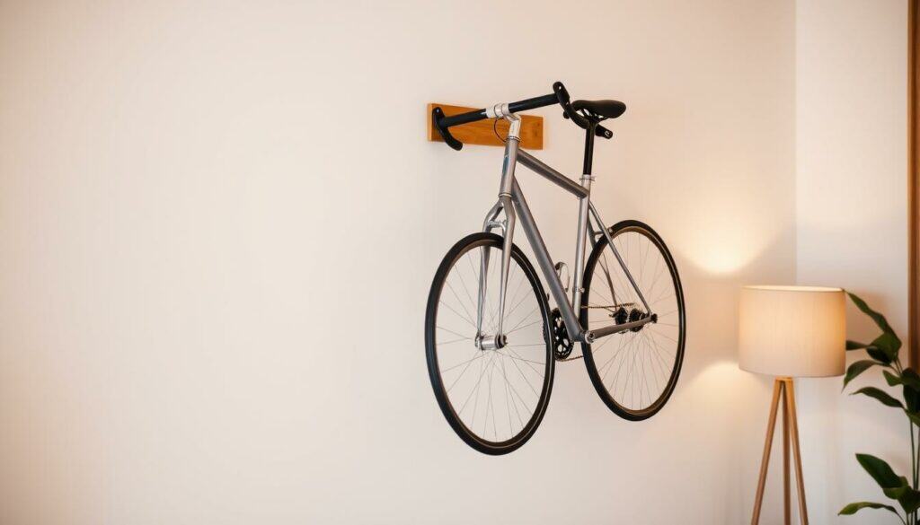 A stylish wall-mounted bicycle rack, minimalist in design, showcasing a single bicycle in a well-lit, modern interior. The rack features clean lines and a sleek metal or wood construction, blending seamlessly with the surrounding decor. The bicycle is positioned at a slight angle, highlighting its form and creating a visually appealing composition. Soft, warm lighting casts subtle shadows, adding depth and dimension to the scene. The background is a neutral, inviting palette, allowing the bicycle and its display to take center stage. The overall atmosphere evokes a sense of practicality and design-conscious living, capturing the essence of the "Fahrradhalterung" as a functional yet fashionable home accessory.