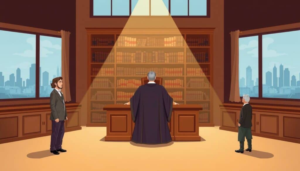 A stylized illustration depicting a courtroom setting with figures representing case studies and legal decisions related to the Gründungszuschuss program. In the foreground, a dignified judge presides over the proceedings, dressed in a flowing robe. On either side, two clients stand before the bench, their expressions conveying the gravity of the situation. The middle ground features a bookshelf filled with legal tomes, casting a warm glow across the scene. In the background, a large window overlooks a cityscape, hinting at the broader context of entrepreneurship and economic development. The overall mood is one of thoughtful deliberation, with a touch of dramatic flair befitting the high-stakes nature of the subject matter.