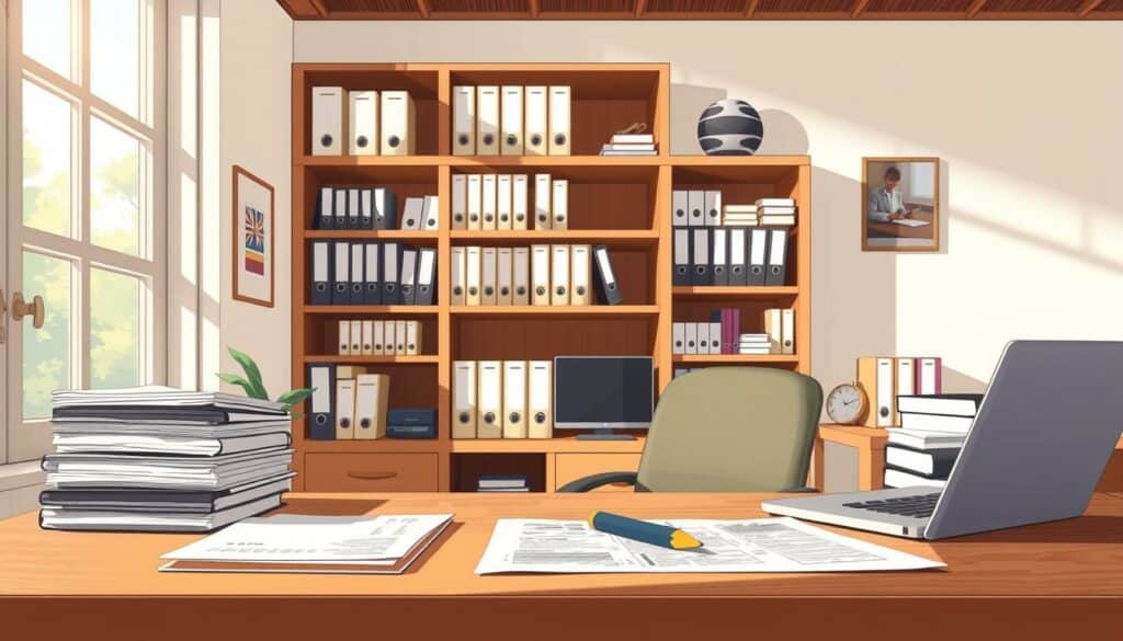 A sun-dappled office space, showcasing the Ummeldung-Prozess, or the process of registering a change of residence. In the foreground, a desk with stacks of official documents, a laptop, and a pen poised over a form. Muted wooden tones and a neutral color palette convey a sense of professionalism and efficiency. The middle ground features a bookshelf filled with organizational binders, highlighting the meticulous attention to detail required for this bureaucratic task. In the background, a large window allows natural light to flood the room, creating a warm and inviting atmosphere. The overall scene conveys the importance of properly navigating the Ummeldung-Prozess, a crucial step in the larger context of registration and registration for businesses.