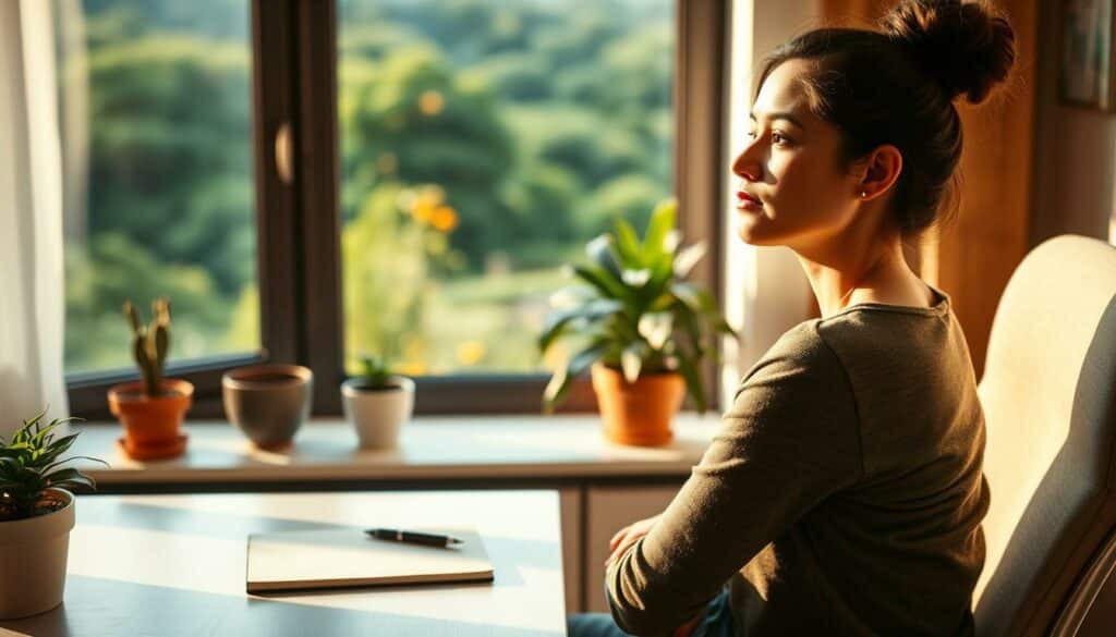 A sunlit home office with a desk, chair, and potted plant. On the desk, a notebook and pen, symbolizing the tools of self-discovery. In the foreground, a person sitting in contemplation, their expression serene and thoughtful. Soft, warm lighting casts a tranquil glow, evoking a sense of introspection and personal growth. The background features a window overlooking a lush, verdant landscape, hinting at the expansive possibilities that coaching can uncover. The overall scene conveys the benefits of coaching - increased self-awareness, clarity, and a renewed connection to one's inner resources and the world around them.