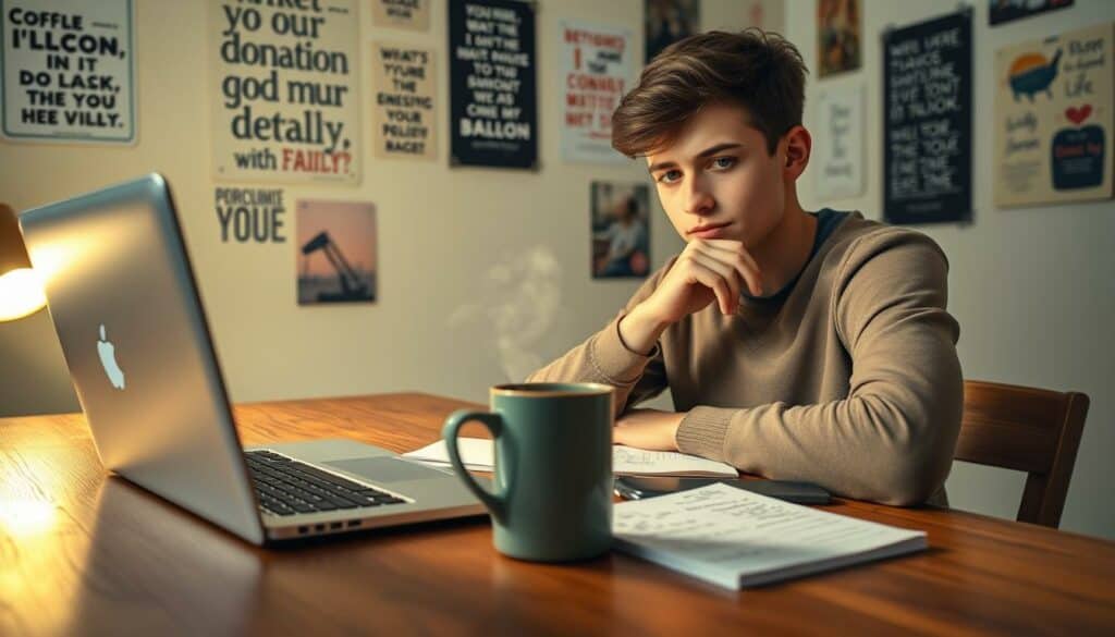 A thoughtful young person sits at a wooden desk, carefully planning their crowdfunding campaign. The desk is illuminated by soft, warm lighting, casting a cozy glow on the scene. In the foreground, a laptop and notebook sit open, with handwritten notes and scribbles visible. In the middle ground, a mug of coffee or tea steams gently, a symbol of focus and contemplation. The background features a wall adorned with inspirational quotes and images, hinting at the person's passion and determination. The overall mood is one of careful consideration and quiet determination, as the individual works to set their optimal donation goal for their crowdfunding project.