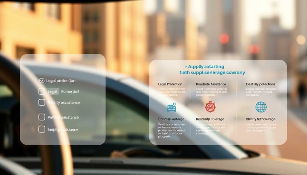 A vibrant and detailed illustration of the supplementary coverage options available in a liability insurance policy. The foreground depicts a clean, modern user interface with toggles, checkboxes, and informative icons representing various add-ons like legal protection, roadside assistance, and identity theft coverage. The middle ground showcases a dynamic infographic highlighting the key benefits of each optional feature, using legible typography and a color palette that aligns with the overall aesthetic. The background presents a softly blurred cityscape, subtly suggesting the real-world applications and protection provided by the comprehensive liability insurance plan. Lit by warm, natural lighting and captured with a slightly wide-angle lens, the overall composition conveys a sense of reassurance, professionalism, and attention to detail. A vibrant and detailed illustration of the supplementary coverage options available in a liability insurance policy. The foreground depicts a clean, modern user interface with toggles, checkboxes, and informative icons representing various add-ons like legal protection, roadside assistance, and identity theft coverage. The middle ground showcases a dynamic infographic highlighting the key benefits of each optional feature, using legible typography and a color palette that aligns with the overall aesthetic. The background presents a softly blurred cityscape, subtly suggesting the real-world applications and protection provided by the comprehensive liability insurance plan. Lit by warm, natural lighting and captured with a slightly wide-angle lens, the overall composition conveys a sense of reassurance, professionalism, and attention to detail.