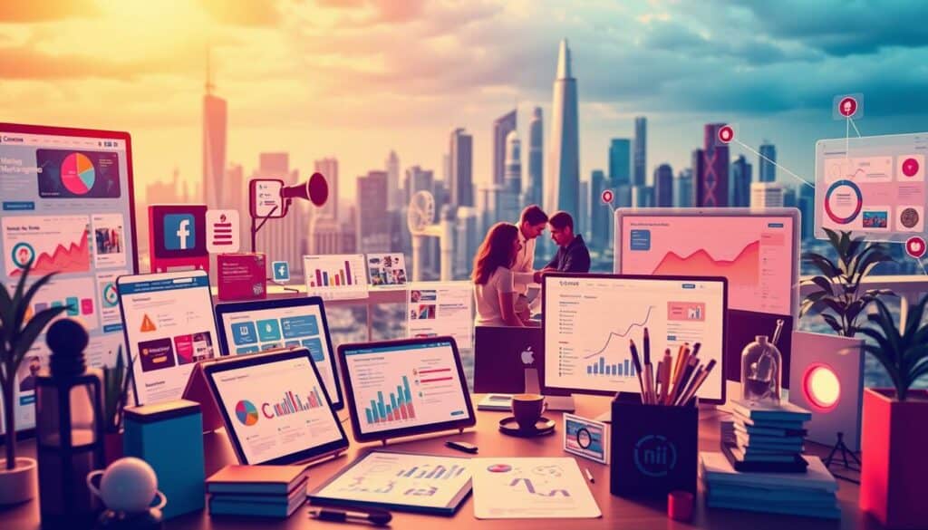 A vibrant and dynamic digital marketing scene, featuring a diverse array of creative elements. In the foreground, various marketing tools and tactics are prominently displayed, including digital advertisements, social media posts, and analytics dashboards. In the middle ground, a team of marketing professionals collaborates, brainstorming and strategizing. The background showcases a sleek, futuristic cityscape, hinting at the cutting-edge nature of modern marketing strategies. Warm lighting illuminates the scene, conveying a sense of energy and innovation. The overall composition evokes a sense of efficiency, collaboration, and the power of effective digital marketing. A vibrant and dynamic digital marketing scene, featuring a diverse array of creative elements. In the foreground, various marketing tools and tactics are prominently displayed, including digital advertisements, social media posts, and analytics dashboards. In the middle ground, a team of marketing professionals collaborates, brainstorming and strategizing. The background showcases a sleek, futuristic cityscape, hinting at the cutting-edge nature of modern marketing strategies. Warm lighting illuminates the scene, conveying a sense of energy and innovation. The overall composition evokes a sense of efficiency, collaboration, and the power of effective digital marketing.