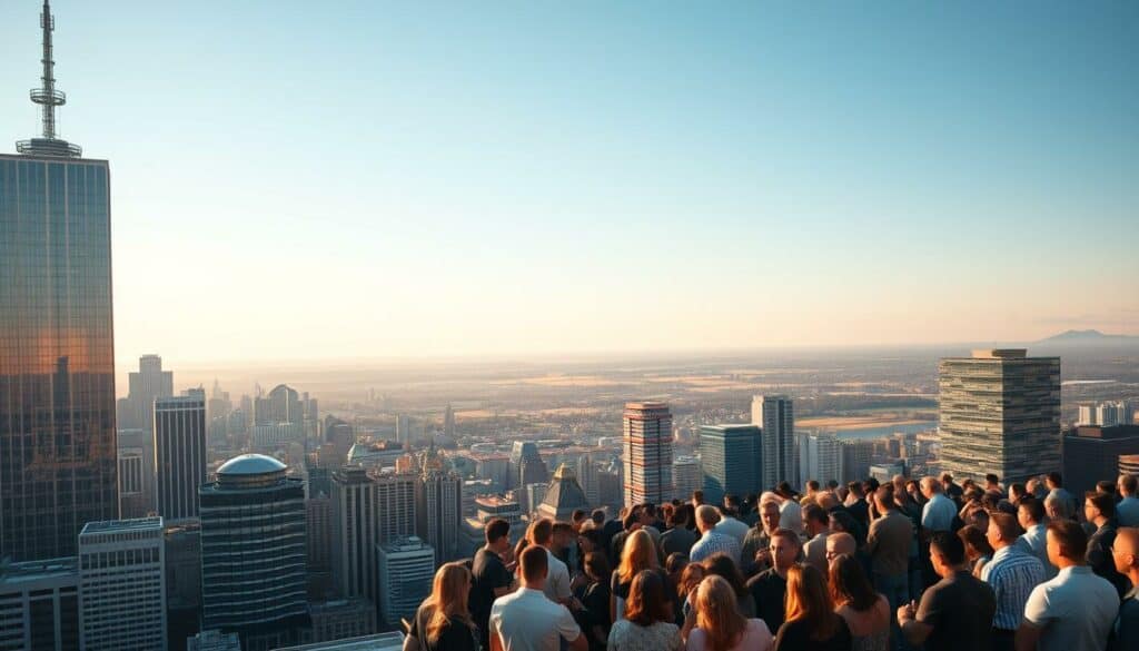 A vibrant, bustling city skyline with a towering modern skyscraper in the foreground, illuminated by warm, golden sunlight. In the middle ground, a crowd of people gathered around a large, interactive display, discussing and gesturing excitedly. In the background, a distant horizon with rolling hills and a serene, cloudless sky. The scene conveys a sense of innovation, collaboration, and alternative financing opportunities, such as crowdfunding, that empower entrepreneurs to start their businesses without traditional bank loans.