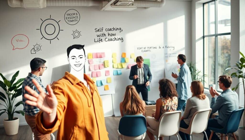 A vibrant, dynamic scene depicting various life coaching methods. In the foreground, a person gesturing enthusiastically, surrounded by visual metaphors for self-reflection, goal-setting, and personal growth. In the middle ground, a diverse group engaged in collaborative exercises, using tools like vision boards and sticky notes. The background features a minimalist, modern office space with inspirational quotes and natural light streaming through large windows. The overall mood is one of energy, positivity, and a sense of personal empowerment.
