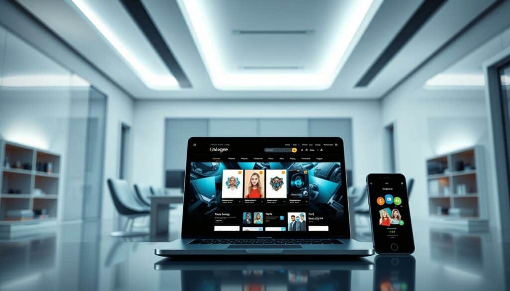 A vibrant e-commerce online store set against a sleek, futuristic backdrop. In the foreground, a modern laptop displays a stylish web interface, while in the middle ground, a smartphone showcases a seamless mobile shopping experience. The background features a minimalist office space with clean lines, geometric shapes, and subtle lighting, conveying a sense of efficiency and professionalism. The overall mood is one of technological sophistication, entrepreneurial spirit, and the promise of a thriving online business. Captured with a wide-angle lens, the image presents a comprehensive and aspirational vision of e-commerce success.