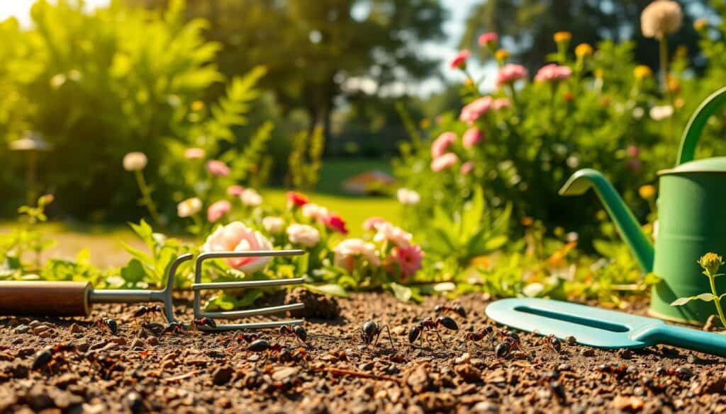 A vibrant garden scene, bathed in warm sunlight. In the foreground, a cluster of ants scurry across the soil, their tiny bodies glistening. A variety of garden tools - a trowel, a hand fork, and a watering can - are arranged nearby, hinting at the ongoing battle against the insect invaders. In the middle ground, lush green foliage and blooming flowers create a verdant backdrop, while the distant horizon is dotted with swaying trees. The overall atmosphere conveys a sense of natural harmony disrupted by the presence of the ants, prompting the viewer to consider how best to address this garden pest without harming the delicate ecosystem. A vibrant garden scene, bathed in warm sunlight. In the foreground, a cluster of ants scurry across the soil, their tiny bodies glistening. A variety of garden tools - a trowel, a hand fork, and a watering can - are arranged nearby, hinting at the ongoing battle against the insect invaders. In the middle ground, lush green foliage and blooming flowers create a verdant backdrop, while the distant horizon is dotted with swaying trees. The overall atmosphere conveys a sense of natural harmony disrupted by the presence of the ants, prompting the viewer to consider how best to address this garden pest without harming the delicate ecosystem.