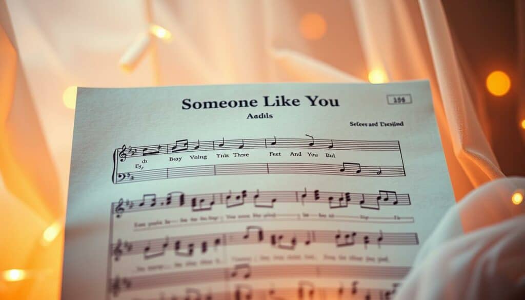 A vibrant, high-resolution portrait showcasing the sheet music for the song "Someone Like You" by Adele. The sheet music is displayed in the center of the frame, with the English lyrics elegantly emblazoned upon it. The background features a soft, hazy ambiance, evoking the melancholic yet powerful essence of the song. Warm lighting creates a cozy, intimate atmosphere, drawing the viewer's attention to the delicate notes and emotive words. The composition is balanced, with the sheet music occupying a prominent position, surrounded by a subtle, complementary visual aesthetic.