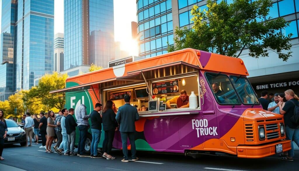 A vibrant, modern food truck parked on a bustling city street, its sleek exterior gleaming under warm afternoon sunlight. The truck's design features bold, minimalist graphics and a striking color scheme that catches the eye. Customers line up eagerly, drawn by the enticing aromas of freshly prepared gourmet dishes wafting from the open service window. In the background, a cityscape of glass skyscrapers and tree-lined avenues sets the scene. The atmosphere is lively and inviting, capturing the energy and creativity of the local food scene. A vibrant, modern food truck parked on a bustling city street, its sleek exterior gleaming under warm afternoon sunlight. The truck's design features bold, minimalist graphics and a striking color scheme that catches the eye. Customers line up eagerly, drawn by the enticing aromas of freshly prepared gourmet dishes wafting from the open service window. In the background, a cityscape of glass skyscrapers and tree-lined avenues sets the scene. The atmosphere is lively and inviting, capturing the energy and creativity of the local food scene.