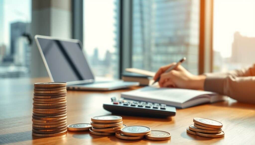 A vibrant, realistic scene of financing a distance education program. In the foreground, a stack of coins and a calculator symbolize the financial aspects. The middle ground depicts a laptop, textbooks, and a student's hands taking notes, representing the academic components. In the background, a modern, minimalist office setting with a large window overlooking a cityscape, conveying the flexible, professional nature of distance learning. The lighting is warm and natural, creating a sense of productivity and focus. The overall composition and details capture the holistic experience of financing and managing a distance education program alongside a career. A vibrant, realistic scene of financing a distance education program. In the foreground, a stack of coins and a calculator symbolize the financial aspects. The middle ground depicts a laptop, textbooks, and a student's hands taking notes, representing the academic components. In the background, a modern, minimalist office setting with a large window overlooking a cityscape, conveying the flexible, professional nature of distance learning. The lighting is warm and natural, creating a sense of productivity and focus. The overall composition and details capture the holistic experience of financing and managing a distance education program alongside a career.