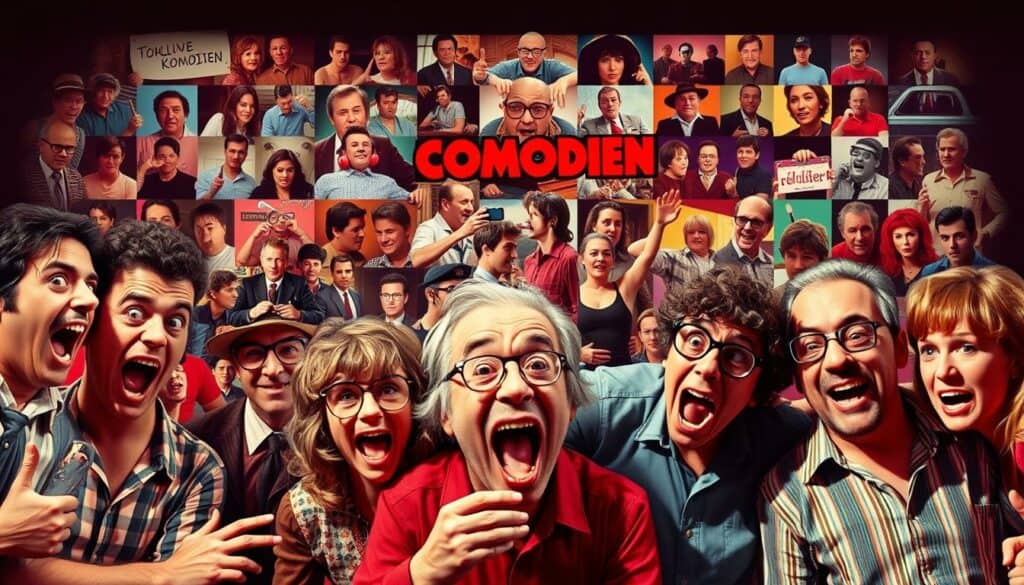A vibrant, retro-inspired collage of iconic cult comedy movie scenes. In the foreground, a group of quirky characters engaged in slapstick hijinks, their exaggerated expressions and physical comedy filling the frame. The middle ground showcases a mosaic of memorable movie moments, from absurdist dialogue to outrageous visual gags. The background pulses with a vibrant, retro-tinged color palette, evoking the nostalgic charm of these beloved comedic classics. Dramatic lighting casts dramatic shadows, heightening the cinematic mood. A seamless blend of comedic elements that capture the essence of the "Kultige Komödien" section, inviting the viewer to dive into a world of laughter and cinematic delight.