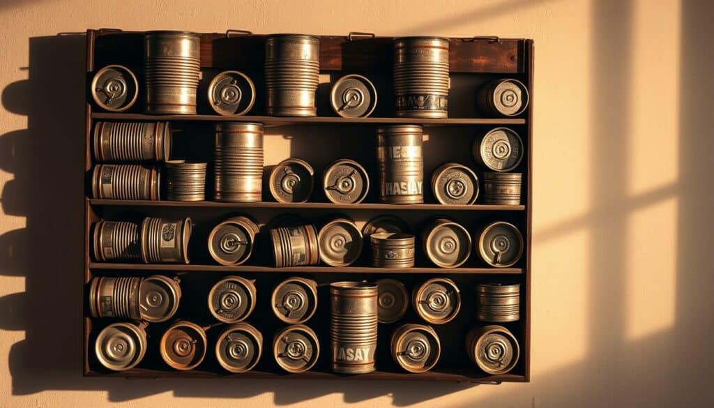 A vintage-inspired spice rack constructed from repurposed tin cans, featuring a rustic, industrial aesthetic. The cans are arranged in a visually striking, asymmetrical pattern, casting intriguing shadows on the wall behind. Warm, directional lighting illuminates the weathered metal surfaces, highlighting the unique textures and imperfections. The overall composition evokes a sense of creativity, sustainability, and a touch of nostalgia, perfectly capturing the essence of the "Kreative Gestaltungsideen für dein Dosen-Gewürzregal" theme. A vintage-inspired spice rack constructed from repurposed tin cans, featuring a rustic, industrial aesthetic. The cans are arranged in a visually striking, asymmetrical pattern, casting intriguing shadows on the wall behind. Warm, directional lighting illuminates the weathered metal surfaces, highlighting the unique textures and imperfections. The overall composition evokes a sense of creativity, sustainability, and a touch of nostalgia, perfectly capturing the essence of the "Kreative Gestaltungsideen für dein Dosen-Gewürzregal" theme.