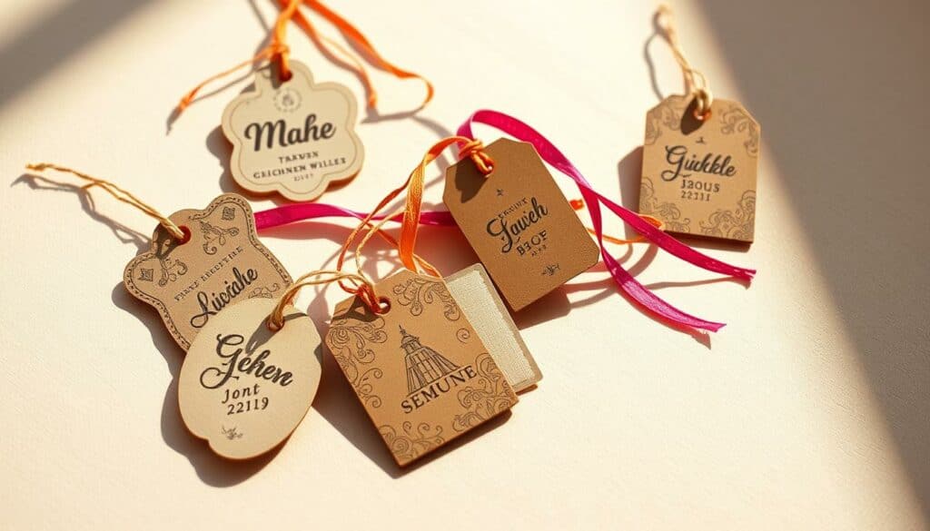 A visually captivating image of personalized gift tags, or "Geschenkanhänger", against a soft, pastel background. In the foreground, various shaped tags in natural materials like cardboard, wood, or fabric, adorned with intricate patterns, bold typographic elements, and minimalist illustrations that convey a sense of handmade charm. The tags are arranged in a dynamic, asymmetrical composition, casting delicate shadows that add depth and dimension. In the middle ground, a selection of vibrant, textured ribbons and strings in complementary hues intertwine, creating a sense of movement and tactility. The background is a soothing, soft-focus surface, perhaps a linen or paper material, that allows the personalized tags to take center stage and exude a warm, artisanal aesthetic. Warm, natural lighting casts a gentle glow, accentuating the organic textures and lending an inviting, cozy atmosphere to the scene. A visually captivating image of personalized gift tags, or "Geschenkanhänger", against a soft, pastel background. In the foreground, various shaped tags in natural materials like cardboard, wood, or fabric, adorned with intricate patterns, bold typographic elements, and minimalist illustrations that convey a sense of handmade charm. The tags are arranged in a dynamic, asymmetrical composition, casting delicate shadows that add depth and dimension. In the middle ground, a selection of vibrant, textured ribbons and strings in complementary hues intertwine, creating a sense of movement and tactility. The background is a soothing, soft-focus surface, perhaps a linen or paper material, that allows the personalized tags to take center stage and exude a warm, artisanal aesthetic. Warm, natural lighting casts a gentle glow, accentuating the organic textures and lending an inviting, cozy atmosphere to the scene.