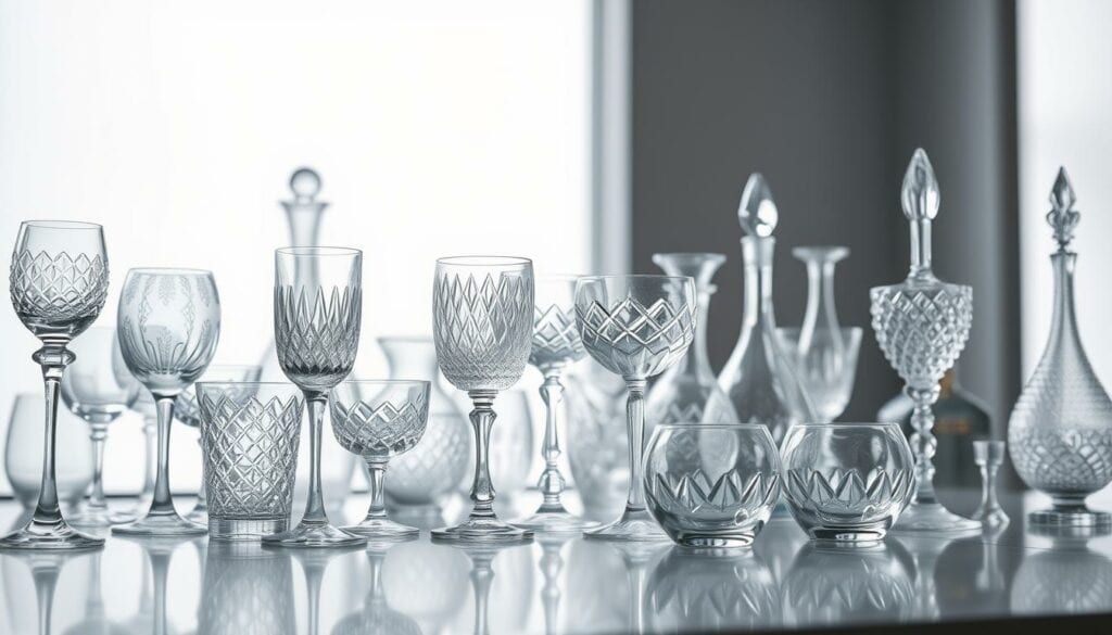 A visually striking still life featuring an assortment of beautifully crafted glass objects in a well-lit studio setting. The foreground showcases an array of intricate glass designs, from delicate wine glasses to ornate vases, each reflecting the light in mesmerizing ways. The middle ground features a clean, minimalist tabletop, allowing the glass pieces to take center stage. The background is softly blurred, creating a serene, gallery-like atmosphere that emphasizes the artistry and craftsmanship of the glassware. The overall mood is one of elegant simplicity, inviting the viewer to appreciate the captivating textures and forms of the glass creations. A visually striking still life featuring an assortment of beautifully crafted glass objects in a well-lit studio setting. The foreground showcases an array of intricate glass designs, from delicate wine glasses to ornate vases, each reflecting the light in mesmerizing ways. The middle ground features a clean, minimalist tabletop, allowing the glass pieces to take center stage. The background is softly blurred, creating a serene, gallery-like atmosphere that emphasizes the artistry and craftsmanship of the glassware. The overall mood is one of elegant simplicity, inviting the viewer to appreciate the captivating textures and forms of the glass creations.