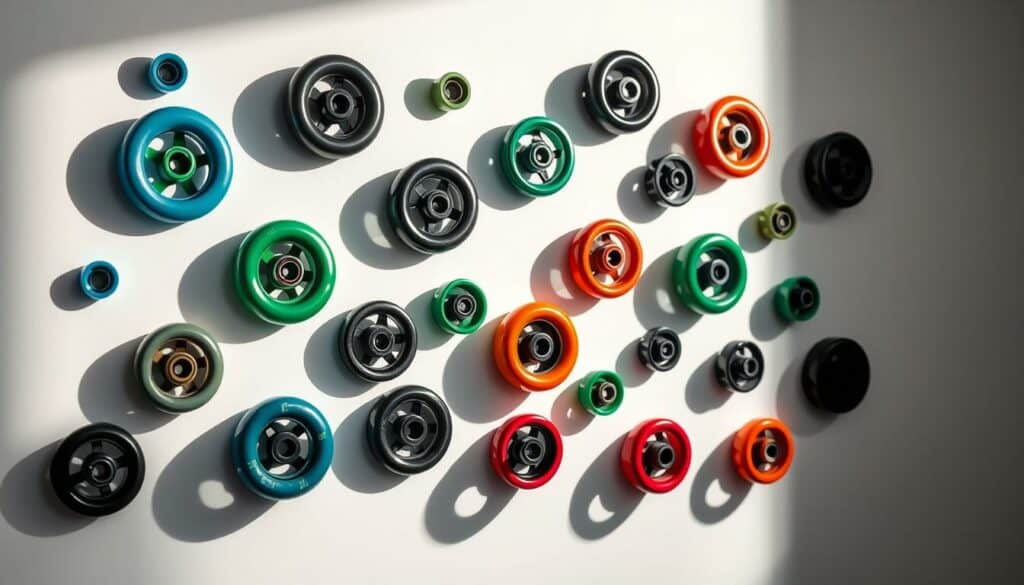A visually striking wall decoration composed of an arrangement of multicolored skateboard wheels, carefully curated and mounted on a sleek white backdrop. The wheels, in varying hues of blue, green, red, and black, are strategically positioned to create a dynamic, kinetic display that celebrates the playful spirit of skateboarding. Dramatic side lighting casts dramatic shadows, enhancing the depth and tactile quality of the scene. The overall composition evokes a sense of movement and youthful energy, perfectly capturing the essence of the "Skateboard-Wheels Wanddekoration" concept.