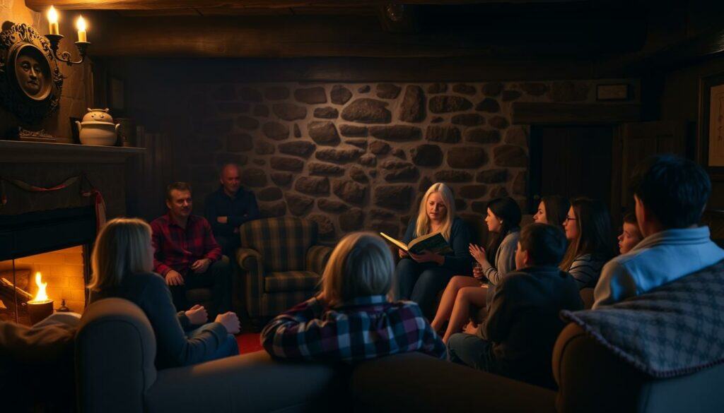 A warm and cozy room, dimly lit by a crackling fireplace. In the foreground, a group of people gathered around, captivated by a storyteller weaving a magical tale, their faces aglow with anticipation. The middle ground features plush, comfortable furniture, inviting the viewer to settle in and join the intimate gathering. The background subtly suggests a rustic, cabin-like setting, its wooden beams and exposed stone walls creating a sense of timelessness. The overall atmosphere is one of tranquility, wonder, and engaged learning, perfectly capturing the essence of "Storytelling in Kursen". A warm and cozy room, dimly lit by a crackling fireplace. In the foreground, a group of people gathered around, captivated by a storyteller weaving a magical tale, their faces aglow with anticipation. The middle ground features plush, comfortable furniture, inviting the viewer to settle in and join the intimate gathering. The background subtly suggests a rustic, cabin-like setting, its wooden beams and exposed stone walls creating a sense of timelessness. The overall atmosphere is one of tranquility, wonder, and engaged learning, perfectly capturing the essence of "Storytelling in Kursen".