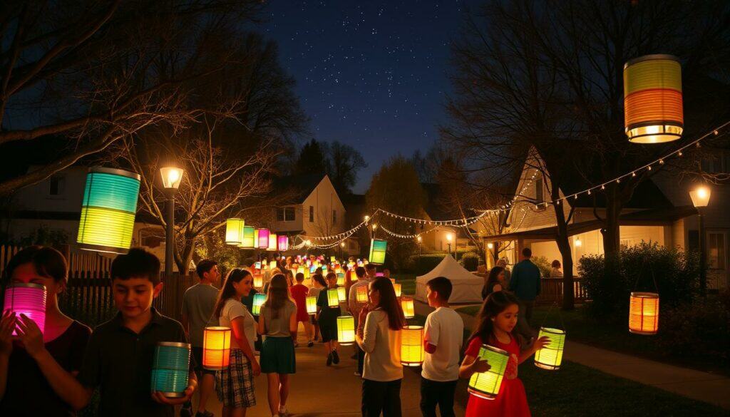 A warm and inviting Laternenumzug scene, with a procession of colorful lanterns crafted from recycled cans. The foreground features a group of children and adults carrying an assortment of lanterns, their faces lit by the soft glow emanating from within. In the middle ground, the path winds through a cozy, tree-lined neighborhood, the lanterns casting a gentle, romantic light on the surrounding houses and streets. In the background, a starry night sky provides a serene and magical backdrop, complementing the festive atmosphere. The lighting is soft and diffused, creating a dreamy, enchanting mood. The overall composition captures the spirit of a DIY Laternenumzug, highlighting the beauty and creativity of homemade lanterns.