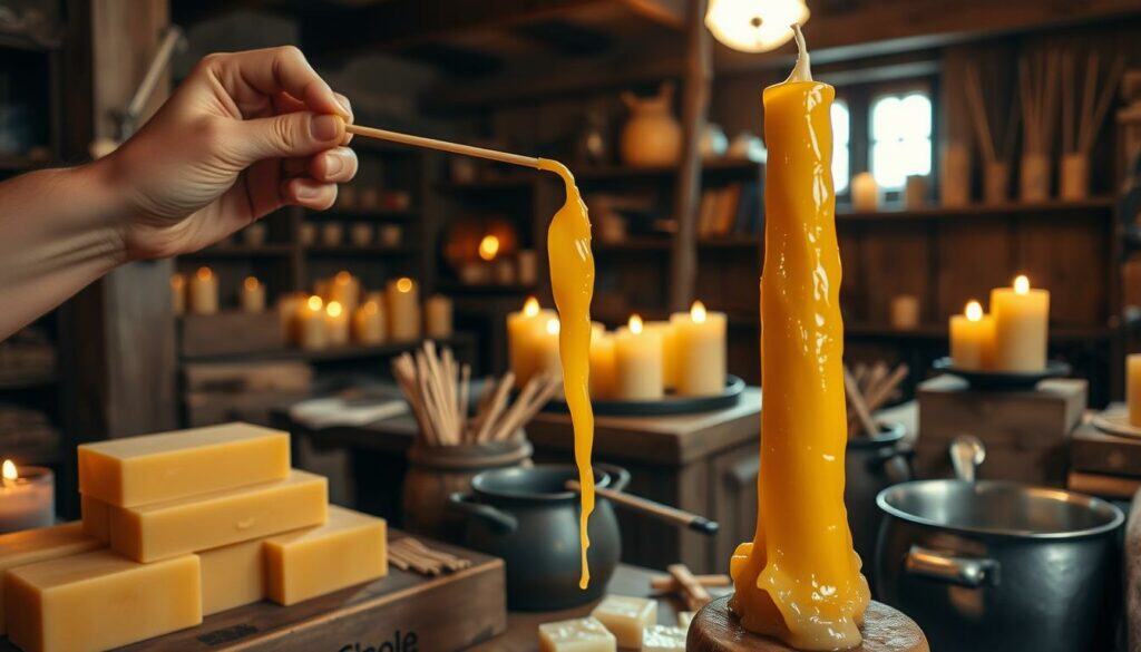 A warm and rustic scene of a traditional candle-making process. In the foreground, skilled hands guide a wick through molten wax, carefully pulling and shaping it to form a tall, tapered candle. The wax has a glistening, golden hue, lit by the soft, ambient lighting. In the middle ground, various tools and supplies are neatly arranged - wax blocks, wicks, and a small pot of melted wax. The background reveals a cozy, old-world workshop, with wooden beams, shelves, and the faint silhouettes of other candles in various stages of production. The overall mood is one of craftsmanship, tradition, and the soothing, flickering glow of candlelight. A warm and rustic scene of a traditional candle-making process. In the foreground, skilled hands guide a wick through molten wax, carefully pulling and shaping it to form a tall, tapered candle. The wax has a glistening, golden hue, lit by the soft, ambient lighting. In the middle ground, various tools and supplies are neatly arranged - wax blocks, wicks, and a small pot of melted wax. The background reveals a cozy, old-world workshop, with wooden beams, shelves, and the faint silhouettes of other candles in various stages of production. The overall mood is one of craftsmanship, tradition, and the soothing, flickering glow of candlelight.