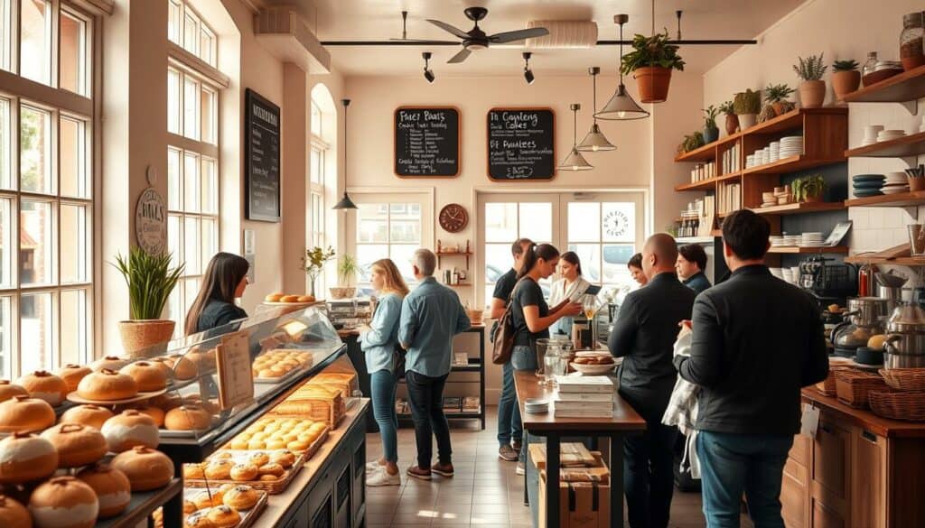 A warm, inviting bakery scene with freshly baked bread, pastries, and other treats displayed in the front window. The interior is well-lit, with natural light streaming in through large windows. Customers are browsing the selection, chatting with the friendly staff behind the counter. The room has a cozy, homey atmosphere, with wooden shelves, chalkboard menus, and potted plants adding to the ambiance. In the background, the aroma of freshly ground coffee and baking fills the air. The overall mood is one of comfort and community, capturing the essence of a beloved local bakery. A warm, inviting bakery scene with freshly baked bread, pastries, and other treats displayed in the front window. The interior is well-lit, with natural light streaming in through large windows. Customers are browsing the selection, chatting with the friendly staff behind the counter. The room has a cozy, homey atmosphere, with wooden shelves, chalkboard menus, and potted plants adding to the ambiance. In the background, the aroma of freshly ground coffee and baking fills the air. The overall mood is one of comfort and community, capturing the essence of a beloved local bakery.