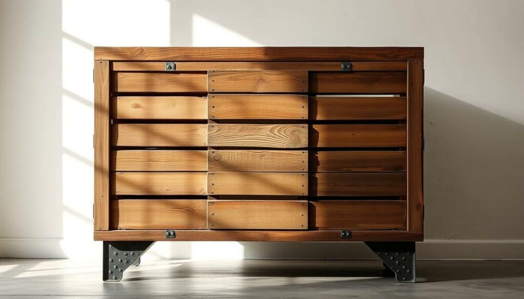 A weathered, rustic wooden DIY cabinet stands proudly, its old wine crate construction reinforced with sturdy, hand-hammered metal supports. Soft natural lighting filters through a large window, casting warm shadows that highlight the cabinet's textured surface. The simple, clean-lined design is accentuated by a muted color palette of earthy browns and grays, exuding a sense of timeless, sustainable craftsmanship. The piece is positioned against a minimalist background, allowing its sturdy, reinforced structure to take center stage, embodying the core essence of the "Verstärkung der Konstruktion" section. A weathered, rustic wooden DIY cabinet stands proudly, its old wine crate construction reinforced with sturdy, hand-hammered metal supports. Soft natural lighting filters through a large window, casting warm shadows that highlight the cabinet's textured surface. The simple, clean-lined design is accentuated by a muted color palette of earthy browns and grays, exuding a sense of timeless, sustainable craftsmanship. The piece is positioned against a minimalist background, allowing its sturdy, reinforced structure to take center stage, embodying the core essence of the "Verstärkung der Konstruktion" section.