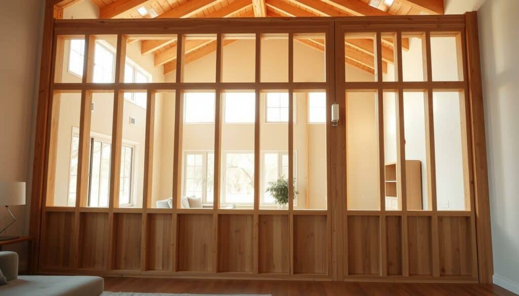 A well-constructed partition wall made of sturdy wooden beams and panels, illuminated by warm natural lighting filtering through large windows. The frame is precisely assembled, with attention to detail in the joinery and connections. The partitions create a sense of openness while effectively dividing the living space, allowing for flexible and clever room organization. The overall aesthetic blends modern minimalism with a touch of rustic charm, reflecting the practical and aesthetically pleasing goals of the DIY project.