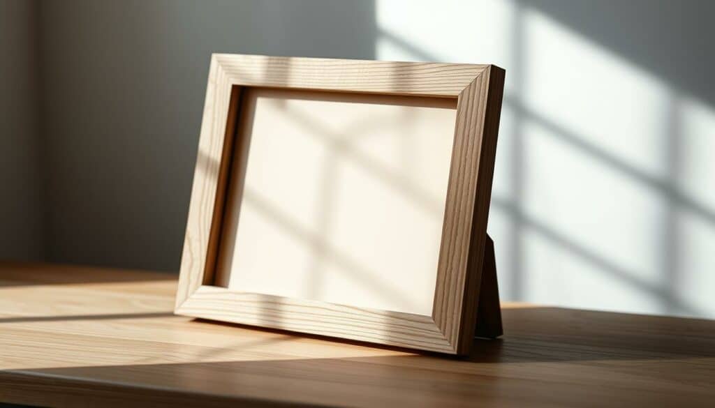 A well-crafted DIY picture frame with a rustic wood finish, standing on a simple wooden surface. The frame features a sleek, modern design with clean lines and a matte texture, complementing the natural grain of the wood. Soft, natural lighting filters in, creating gentle shadows and highlights that accentuate the frame's depth and texture. The overall mood is one of understated elegance and craftsmanship, reflecting the DIY ethos of the project. The scene is framed by a muted, earthy color palette, allowing the frame to take center stage.