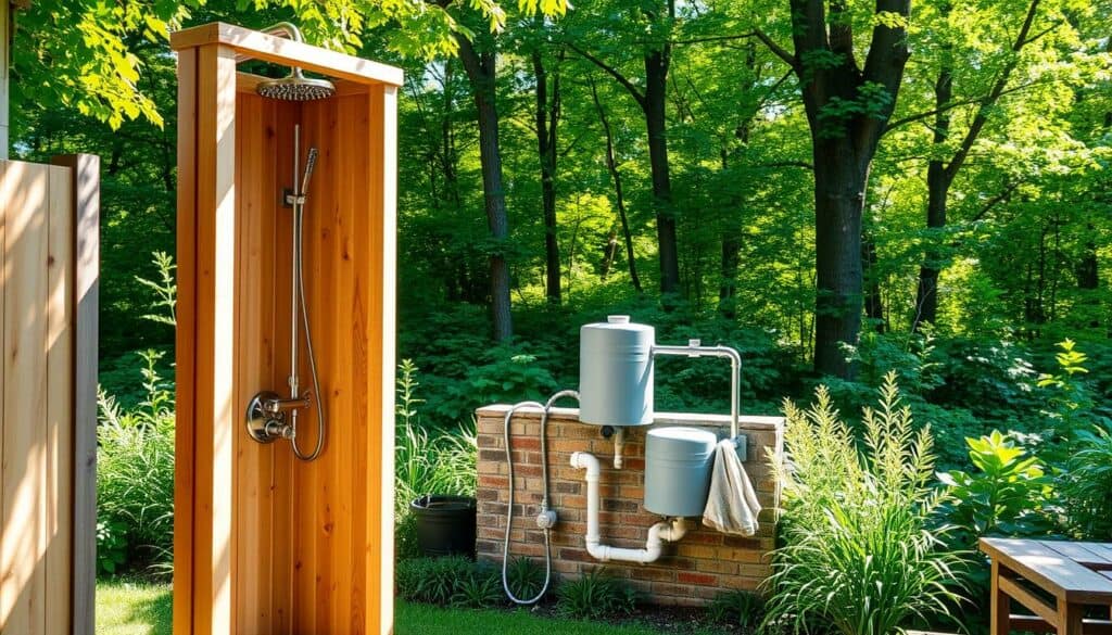 A well-designed, cost-effective DIY garden shower, showcased in a sun-dappled outdoor setting. The foreground features a simple, yet elegant wooden shower enclosure, with a detachable shower head and water control valves. The middle ground displays the plumbing setup, including a discreet water storage tank and piping, blending seamlessly into the lush, verdant garden landscape. In the background, a serene wooded area provides a natural, relaxing ambiance. The lighting is soft and diffused, creating a warm, inviting atmosphere perfect for an at-home spa experience. The overall composition emphasizes the simplicity, functionality, and cost-efficiency of this DIY garden shower project. A well-designed, cost-effective DIY garden shower, showcased in a sun-dappled outdoor setting. The foreground features a simple, yet elegant wooden shower enclosure, with a detachable shower head and water control valves. The middle ground displays the plumbing setup, including a discreet water storage tank and piping, blending seamlessly into the lush, verdant garden landscape. In the background, a serene wooded area provides a natural, relaxing ambiance. The lighting is soft and diffused, creating a warm, inviting atmosphere perfect for an at-home spa experience. The overall composition emphasizes the simplicity, functionality, and cost-efficiency of this DIY garden shower project.