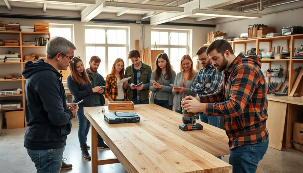 A well-lit, airy workshop setting with a group of focused DIY enthusiasts gathered around a sturdy wooden workbench. In the foreground, a skilled instructor demonstrates the proper use of a power tool, their hands guiding the class with confidence. Shelves lining the walls display an array of materials and tools, hinting at the breadth of knowledge to be imparted. The middle ground features students attentively taking notes, their expressions a mix of concentration and anticipation. In the background, large windows let in natural light, creating a warm and inviting atmosphere conducive to learning. The overall scene conveys a sense of camaraderie, as the students engage in hands-on training to expand their technical know-how and DIY capabilities.