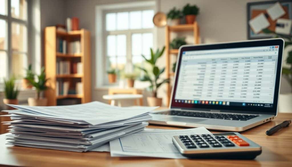 A well-lit and professionally-shot studio image showcasing the tax advantages of being a freelance coach. In the foreground, a stack of financial documents and a calculator, symbolizing the paperwork and calculations involved. In the middle ground, a laptop displaying a spreadsheet with formulas and data, representing the financial planning and bookkeeping aspects. In the background, a warm, cozy office setting with bookshelves, potted plants, and a large window letting in natural light, conveying a sense of professionalism and calm. The overall mood is one of organization, efficiency, and the financial benefits of freelancing, highlighting the key advantages for coaches starting their own practice. A well-lit and professionally-shot studio image showcasing the tax advantages of being a freelance coach. In the foreground, a stack of financial documents and a calculator, symbolizing the paperwork and calculations involved. In the middle ground, a laptop displaying a spreadsheet with formulas and data, representing the financial planning and bookkeeping aspects. In the background, a warm, cozy office setting with bookshelves, potted plants, and a large window letting in natural light, conveying a sense of professionalism and calm. The overall mood is one of organization, efficiency, and the financial benefits of freelancing, highlighting the key advantages for coaches starting their own practice.