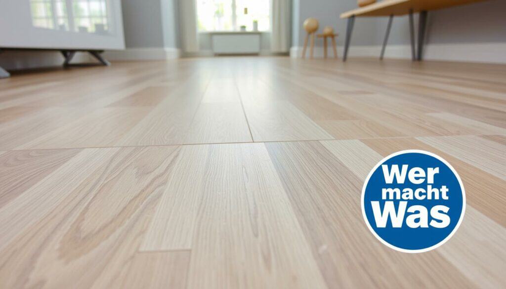A well-lit close-up of a laminate floor, showcasing a section with noticeable scratches and discoloration. The scene is set in a modern, minimalist interior, with a neutral color palette and clean lines. The "Wer macht Was" brand logo is prominently displayed in the bottom right corner, indicating the use of a specialized laminate cleaning and repair product. The image conveys a sense of clarity and attention to detail, highlighting the effectiveness of the product in restoring the floor's pristine appearance.