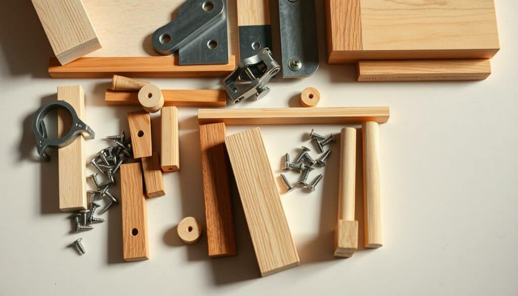 A well-lit, close-up shot of an assortment of wood pieces, metal brackets, screws, and other construction materials neatly arranged on a clean, neutral surface. The materials should appear high-quality, with a natural, earthy tone and texture that evokes a sense of craftsmanship. Soft shadows and gentle highlights create depth and dimension, showcasing the varied shapes, sizes, and finishes of the components. The overall composition should feel balanced and visually appealing, inviting the viewer to imagine the process of building a custom, space-saving shoe rack.