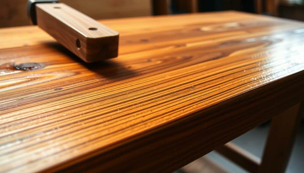 A well-lit, detailed close-up of various wood finishing techniques applied to a wooden furniture surface. The foreground showcases a range of sanding, staining, and polishing techniques, with the grain and texture of the wood clearly visible. The middle ground features hand-applied varnish or lacquer, creating a smooth, glossy finish. The background subtly hints at the furniture piece, such as a table or chair, allowing the focus to remain on the intricate surface treatment. Warm lighting from multiple angles accentuates the natural beauty and craftsmanship of the materials, conveying a sense of care and attention to detail. A well-lit, detailed close-up of various wood finishing techniques applied to a wooden furniture surface. The foreground showcases a range of sanding, staining, and polishing techniques, with the grain and texture of the wood clearly visible. The middle ground features hand-applied varnish or lacquer, creating a smooth, glossy finish. The background subtly hints at the furniture piece, such as a table or chair, allowing the focus to remain on the intricate surface treatment. Warm lighting from multiple angles accentuates the natural beauty and craftsmanship of the materials, conveying a sense of care and attention to detail.
