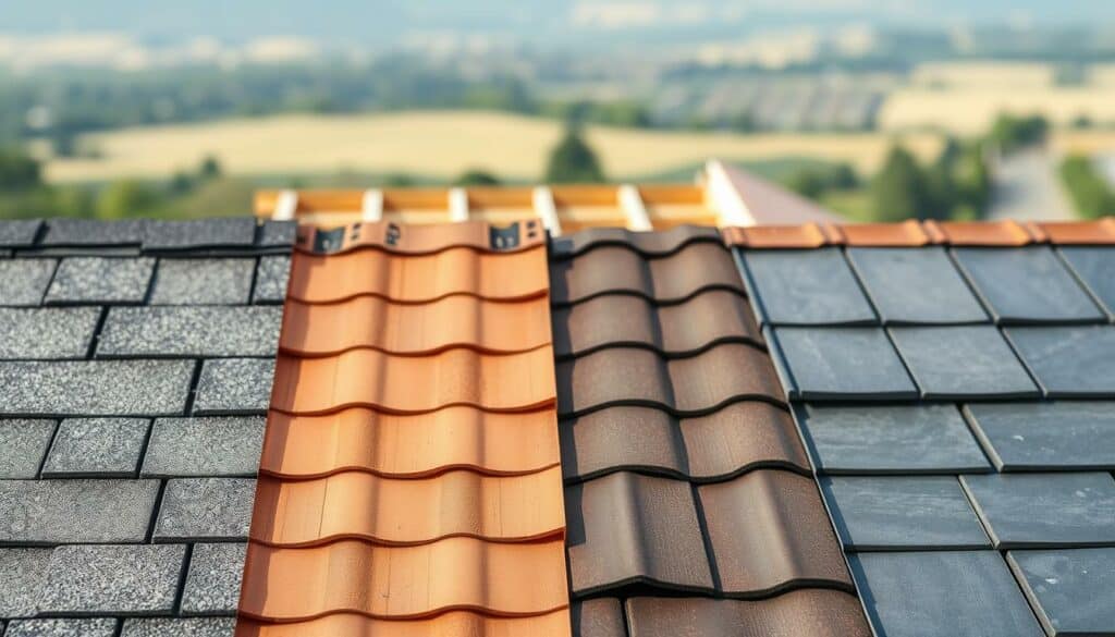 A well-lit, detailed comparison of common roofing materials, showcasing their unique textures, colors, and applications. The foreground features close-up samples of asphalt shingles, clay tiles, metal panels, and slate tiles, arranged in an organized grid. The middle ground depicts a partially constructed roof, allowing viewers to envision the materials in context. The background offers a soft, blurred landscape, keeping the focus on the roofing products. The lighting is natural and diffused, highlighting the intricate details and nuances of each material. The overall mood is informative and visually appealing, suitable for an article on roofing expertise and material selection. A well-lit, detailed comparison of common roofing materials, showcasing their unique textures, colors, and applications. The foreground features close-up samples of asphalt shingles, clay tiles, metal panels, and slate tiles, arranged in an organized grid. The middle ground depicts a partially constructed roof, allowing viewers to envision the materials in context. The background offers a soft, blurred landscape, keeping the focus on the roofing products. The lighting is natural and diffused, highlighting the intricate details and nuances of each material. The overall mood is informative and visually appealing, suitable for an article on roofing expertise and material selection.