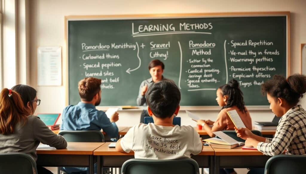 A well-lit, educational classroom setting with a chalkboard in the background, showcasing various proven learning methods. In the foreground, a group of diverse students engaged in collaborative activities, using flashcards, textbooks, and other hands-on learning tools. The middle ground features a teacher guiding the students, demonstrating effective techniques like the Pomodoro method and spaced repetition. The scene conveys a sense of focus, productivity, and a positive learning environment, with warm, natural lighting and a subtle, academic atmosphere. A well-lit, educational classroom setting with a chalkboard in the background, showcasing various proven learning methods. In the foreground, a group of diverse students engaged in collaborative activities, using flashcards, textbooks, and other hands-on learning tools. The middle ground features a teacher guiding the students, demonstrating effective techniques like the Pomodoro method and spaced repetition. The scene conveys a sense of focus, productivity, and a positive learning environment, with warm, natural lighting and a subtle, academic atmosphere.