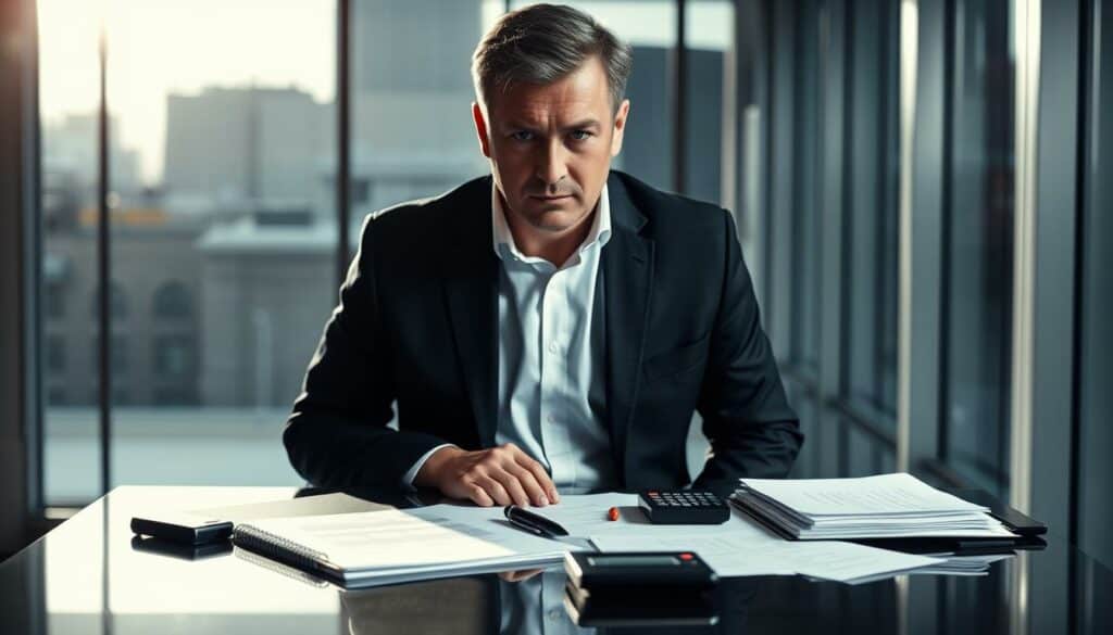 A well-lit, high-contrast image of a businessman in a dark suit, standing behind a desk in a modern, sleek office. The desk is covered with documents, a pen, and a calculator, symbolizing the financial responsibilities and legal liabilities of running a solo entrepreneurship. The businessman's expression is serious, conveying the weight of the decisions he must make. The background is blurred, but suggests a cityscape through large windows, emphasizing the urban, professional setting. The lighting is dramatic, with shadows casting across the scene, creating a sense of gravity and importance. The overall composition and tonality reflect the serious, complex nature of the "Haftungsrisiken Einzelunternehmen" (liability risks of a sole proprietorship) faced by the business owner.