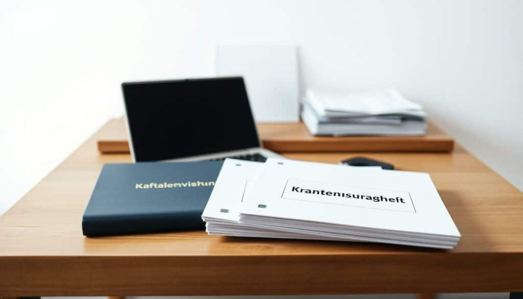A well-lit, high-quality studio photograph of a wooden desk with a laptop, a stack of documents, and two distinct insurance policy folders labeled "Krankenversicherung" and "Haftpflichtschutz" in the foreground. The desk is set against a clean, minimalist background, bathed in soft, diffused lighting that accentuates the textures and details of the items. The composition should convey a sense of professionalism, organization, and the importance of these essential insurance policies. A well-lit, high-quality studio photograph of a wooden desk with a laptop, a stack of documents, and two distinct insurance policy folders labeled "Krankenversicherung" and "Haftpflichtschutz" in the foreground. The desk is set against a clean, minimalist background, bathed in soft, diffused lighting that accentuates the textures and details of the items. The composition should convey a sense of professionalism, organization, and the importance of these essential insurance policies.