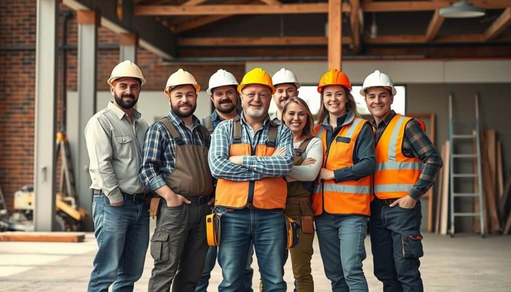 A well-lit, high-resolution image of a group of trustworthy, professional-looking tradespeople standing together in a construction site setting. The men and women are dressed in work attire and protective gear, convening in a friendly, collaborative manner. The background features a clean, modern architecture with a mix of materials like brick, wood, and metal. Warm, natural lighting illuminates the scene, creating a sense of reliability and expertise. The overall composition suggests a team of skilled, dependable contractors ready to provide excellent service and workmanship. A well-lit, high-resolution image of a group of trustworthy, professional-looking tradespeople standing together in a construction site setting. The men and women are dressed in work attire and protective gear, convening in a friendly, collaborative manner. The background features a clean, modern architecture with a mix of materials like brick, wood, and metal. Warm, natural lighting illuminates the scene, creating a sense of reliability and expertise. The overall composition suggests a team of skilled, dependable contractors ready to provide excellent service and workmanship.