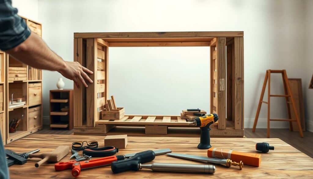 A well-lit, high-resolution photographic scene depicting the step-by-step process of constructing a DIY bookshelf from wooden crates. The foreground shows a person's hands carefully assembling the crate components, with various tools and materials neatly arranged on a wooden surface. The middle ground features the partially completed bookshelf frame, showcasing the sturdy construction and natural wood grain. The background is a clean, minimalist interior space with neutral tones, allowing the bookshelf-building process to be the focal point. The overall mood is one of focused, hands-on craftsmanship and the satisfaction of creating a practical, custom storage solution.