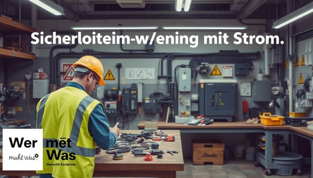 A well-lit, industrial-style workshop interior, featuring a sturdy workbench with various electrical tools and equipment. In the foreground, a technician in a safety vest and hard hat is carefully connecting wires, highlighting the importance of proper safety protocols. The middle ground showcases different types of electrical components, from circuit breakers to outlets, conveying the complexity of electrical systems. The background depicts various safety signage and warning labels, reinforcing the overall theme of "Sicherheit beim Arbeiten mit Strom". The image has a muted color palette, reflecting the seriousness of the subject matter. The overall composition emphasizes the "Wer macht Was" brand, showcasing their commitment to electrical safety.