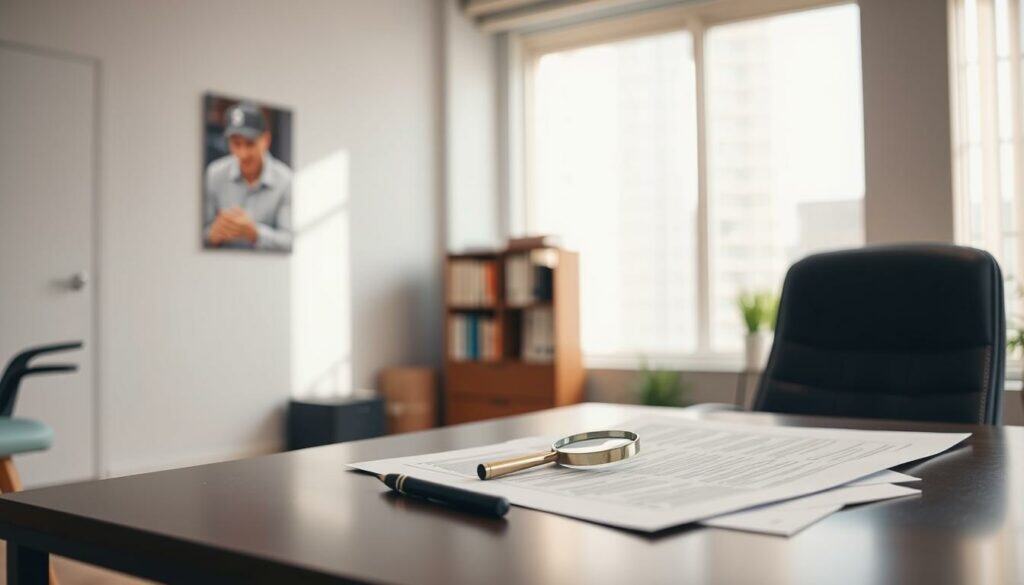 A well-lit modern office interior, with a desk and chair in the foreground. On the desk, several documents and a magnifying glass are arranged, suggesting the act of carefully reviewing insurance policy documents. The middle ground features a bookshelf or filing cabinet, hinting at the research and organization involved in selecting the right business liability insurance. The background showcases a large window, letting in soft, natural light and creating a sense of openness and professionalism. The overall mood is one of diligence, attention to detail, and a commitment to making an informed decision about the appropriate business insurance coverage.